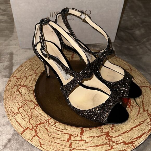 Jimmy Choo 11/41 Emily 85 Bronze Mix Midnight Coarse Glitter Heels Sandals - Picture 4 of 17